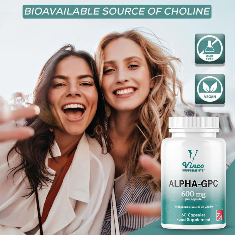 Vinco Alpha GPC 600mg in One Capsule - 60 Capsules = 60 True Servings - Pure Choline Supplement - Nootropic for Brain Support, Focus, Memory, Motivation & Energy - Alpha GPC Rich - Made in The UK