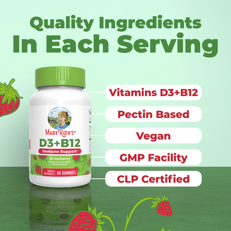 MaryRuth Organics, Vitamin D3 & B12 Gummies, Strawberry Flavour, 60 Vegan Gummies, Vegetarian, Gluten-Free, Soy-Free, Non-GMO