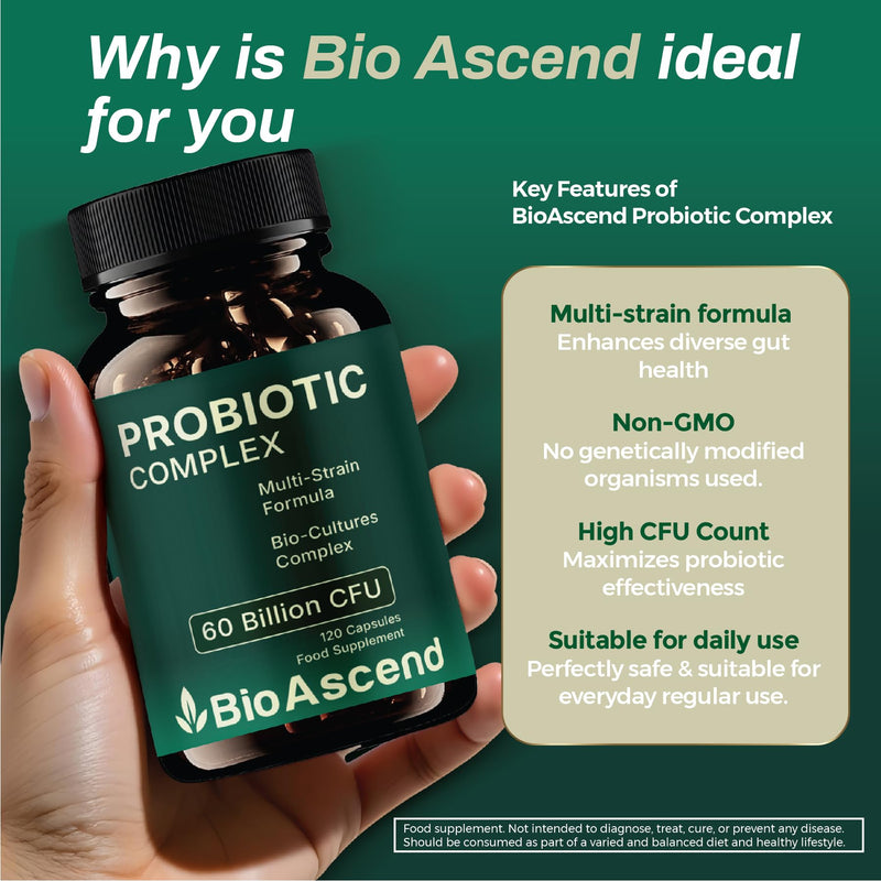 Gut Health & Digestive Support | Bio Cultures Complex Probiotics & Prebiotics | 60 Billion CFU | 2 Months Supply | 120 Capsules | Lactobacillus & Bifidobacterium Strains