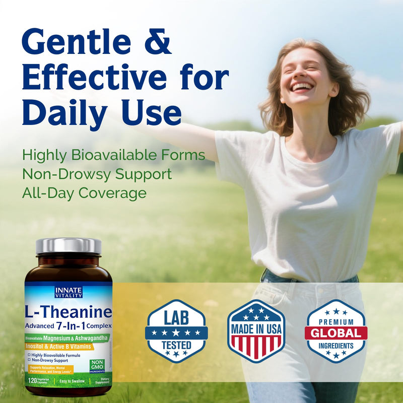 Innate Vitality L-Theanine Supplement 200 mg, Ashwagandha, Magnesium Glycinate, Inositol, Vitamin B6, Non-GMO, Hormone Harmony, Relaxation, Mental Performance and Energy Support, 120 Capsules