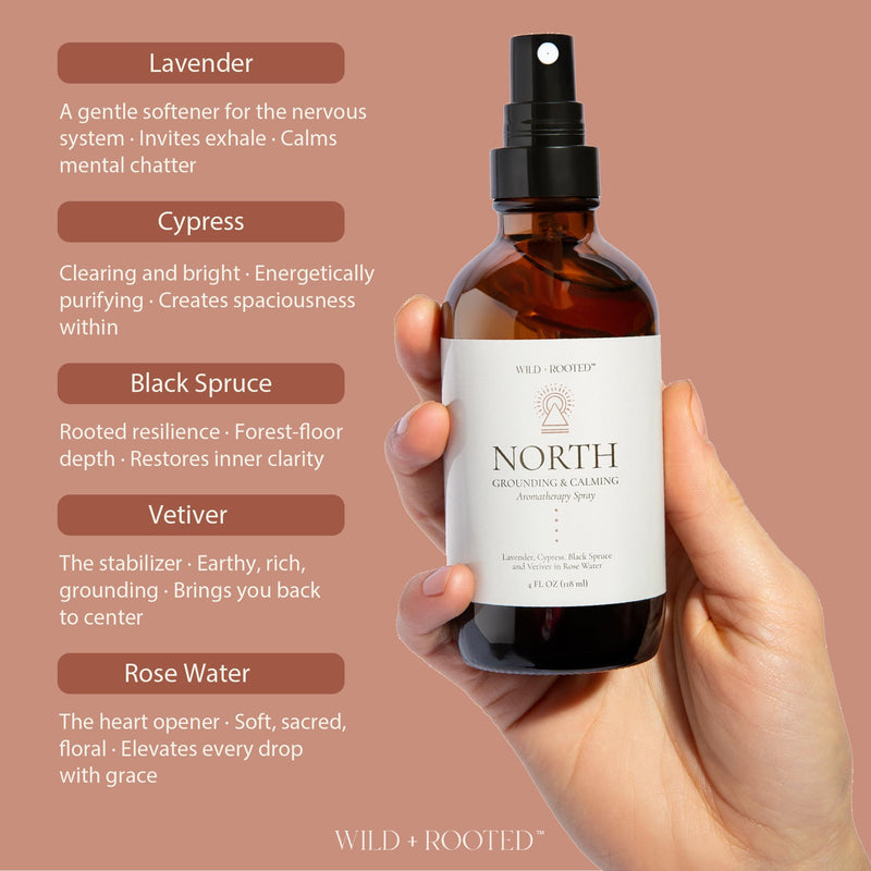 North Aromatherapy Room & Body Spray | Grounding & Calming Essential Oil Mist | Lavender, Cypress, Black Spruce, Vetiver in Rose Water | Body, Linen & Pillow Spray | 4oz Glass Bottle