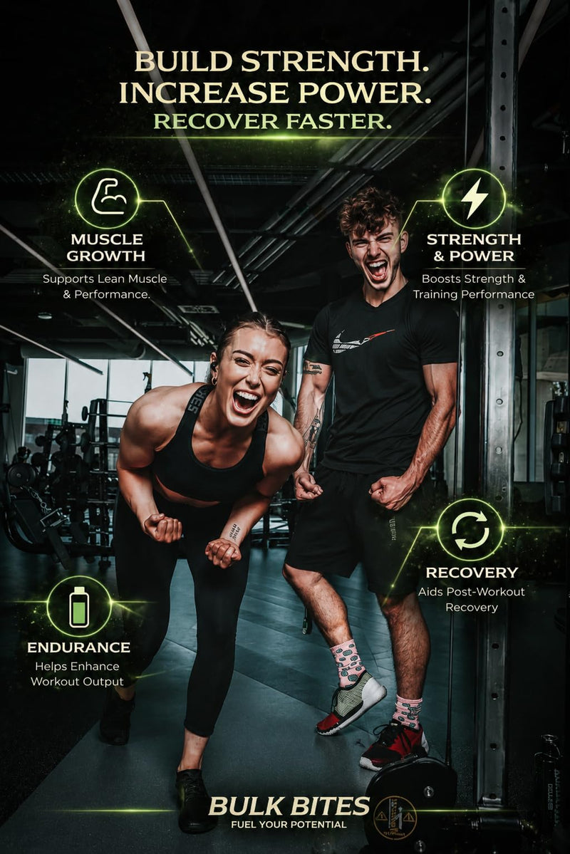 Bulk Bites 7000mg Creatine Gummies – High Strength Creatine Monohydrate Complex with BCAA & L-Carnitine | Sugar-Free Vegan Pre Workout Gummies, Muscle Growth, Energy & Recovery – 90 Gummies Green Apple