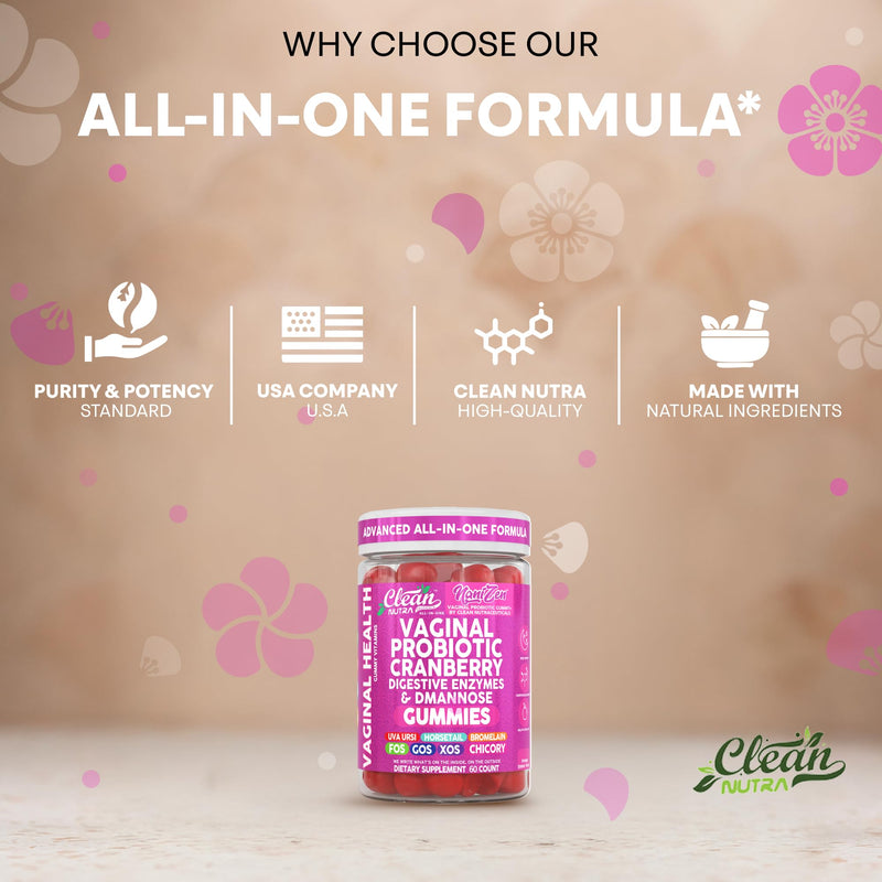Clean Nutra Vaginal Probiotic Gummies for Women Cranberry Digestive Enzymes D Mannose Womens Probiotic Dmannose Horsetail Bromelain Chicory Fiber Feminine Care Prebiotics Inulin Papaya Enzyme Gummy