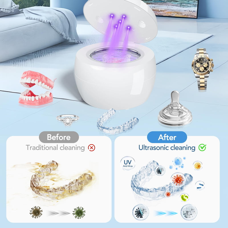 [Australia] - Ultrasonic Retainer Cleaner Machine, Cleaning Pod for Jewelry Cleaner, Dentures, Mouth Guards, Rings, Earrings, Glasses- 200ML 45kHz One-Touch 5-Minute Deep Clean (White) White 