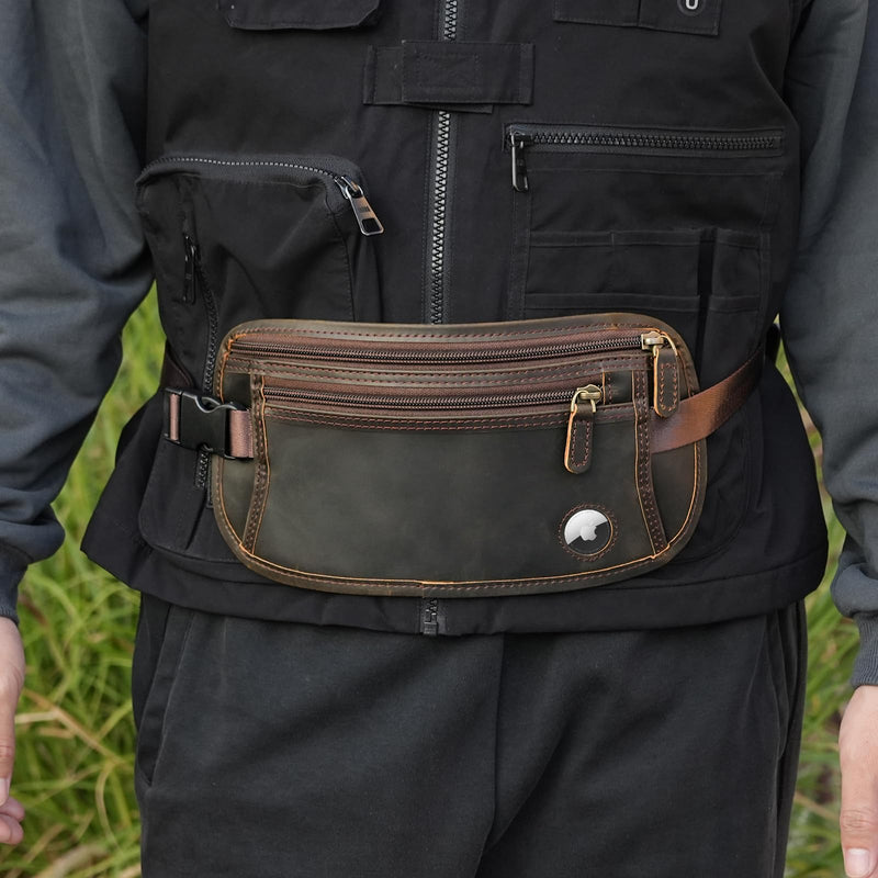 Polare Leather Money Belt Hidden Passport Holder Travel Pouch, AirTag Slot | Full Grain Cowhide Leather, RFID Protection, Travel Passport Wallet, Slim Undercover Waist Bag