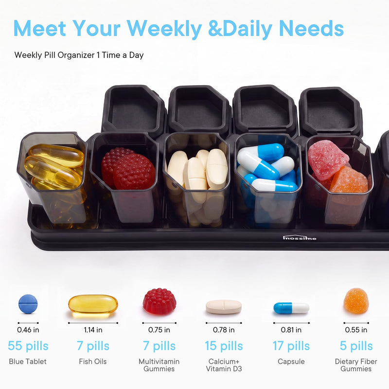 Medium-Large Weekly Pill Organizer 1 Time a Day, 7 Day Pill Box, Black | BPA-Free, Spill-Resistant, Detachable 1-a-Day Boxes, for Vitamins & Medication, Travel-Friendly, Velvet Pouch