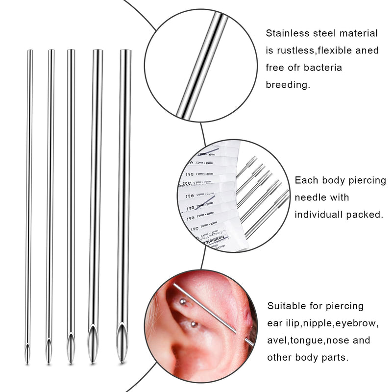 [Australia] - Chumia Piercing Kit 100 Pcs Piercing Needle with 1 Pcs Clamps Stainless Forceps Clamp Hollow Needle Mixed Sizes 12g 14g 16g 18g 20g for Ear Nipple Belly Tongue Body Tools 