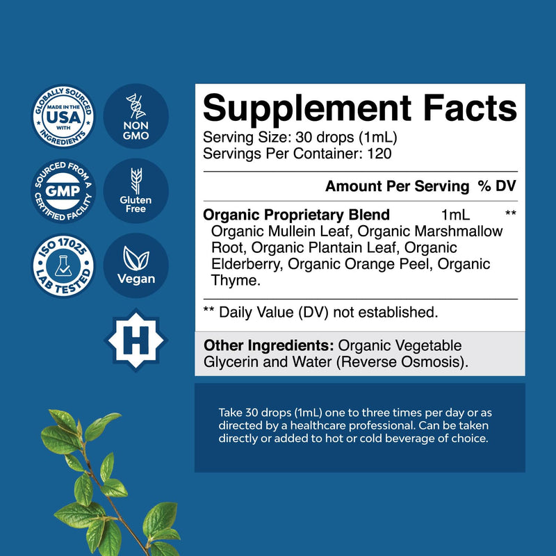 [Australia] - USDA Organic Mullein Leaf Drops - Herbal Lung Detox & Cleanse Marshmallow Root & Mullein Tincture Lung Support Supplement - Mullein Leaf Extract Respiratory Supplement for Sinus Immunity & Breathing 4 Fl Oz (Pack of 1) 