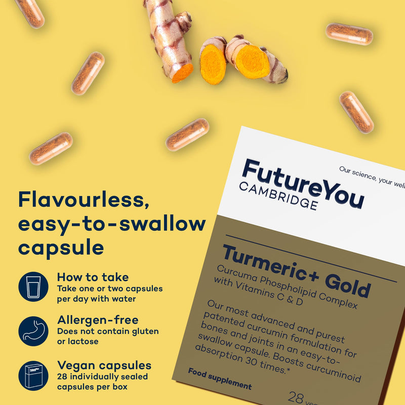 Turmeric+ Gold Supplement – 28 Turmeric Capsules High Strength – Curcumin Capsule Patented Meriva Formulation with Vitamins C & D – Tablets for Bones, Joints & Muscles by FutureYou Cambridge. 1 count (Pack of 28)