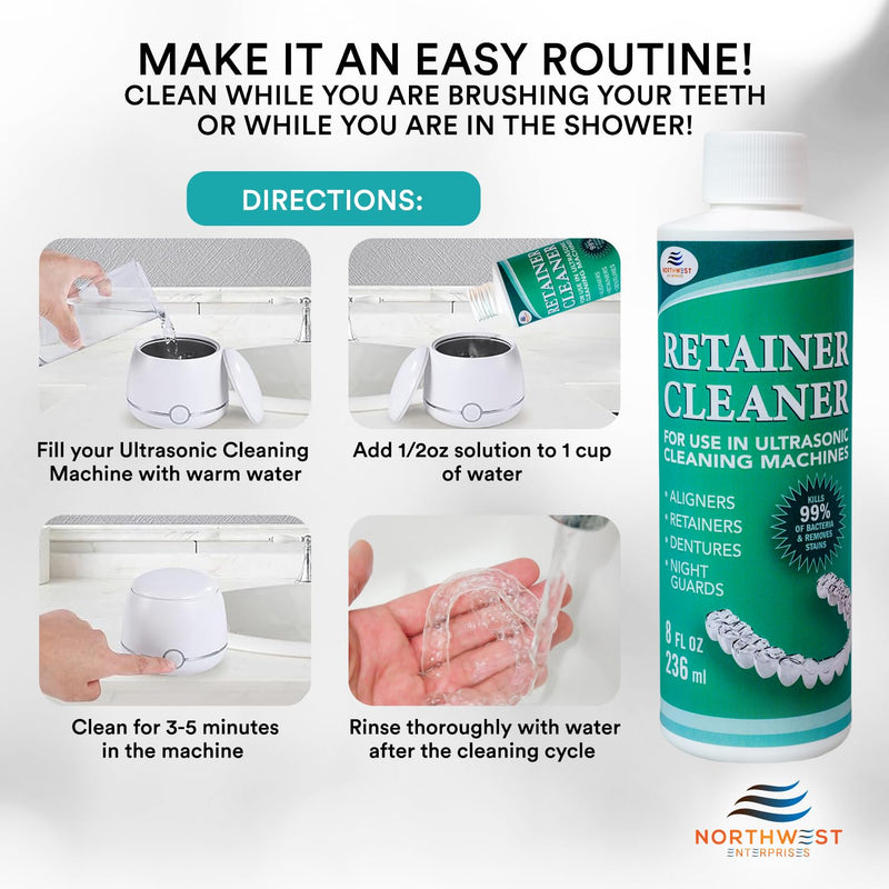[Australia] - Ultrasonic Retainer Cleaner Solution Concentrate - Ultrasonic Denture Cleaner for Ultrasonic Machines - Cleans Mouthguards, Invisalign, and Nightguards - Odor, Stain and Discoloration Remover (8 oz) 8 ounces 