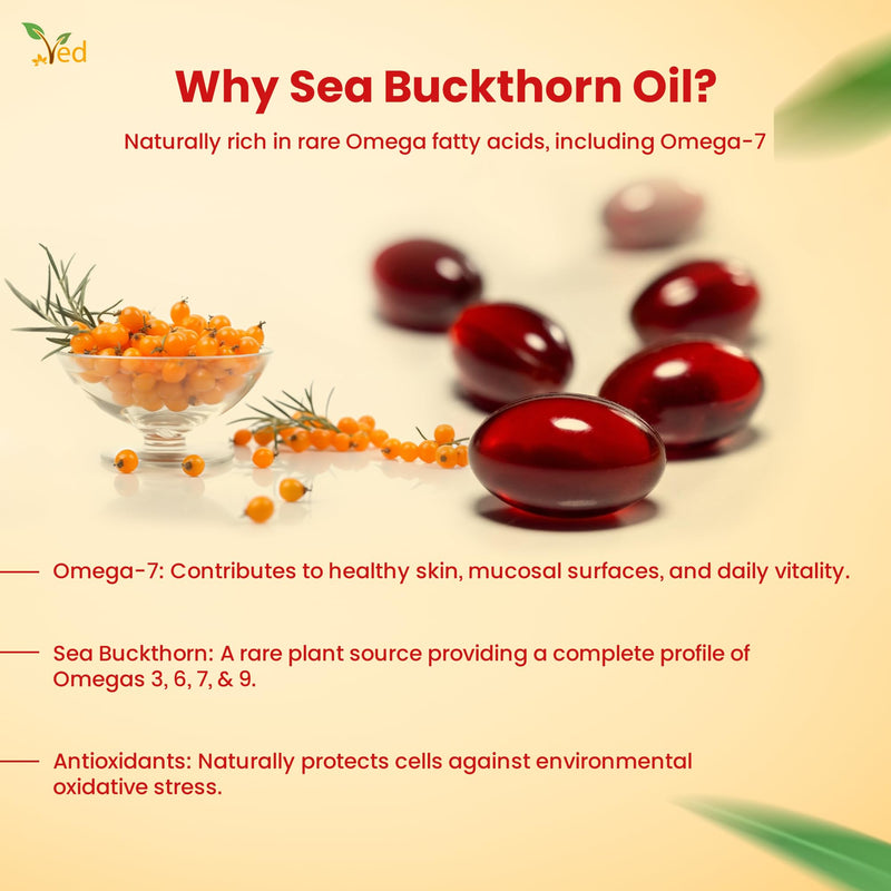 VED Sea Buckthorn Oil Soft Capsules | Boost Immune System | Omega-7 500 mg | 120 Softgels.