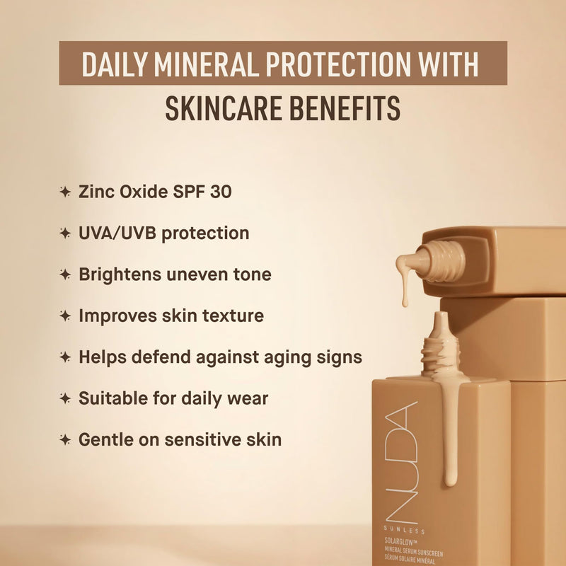 Nuda SolarGlow Zinc Oxide Sunscreen Serum | Daily SPF 30 Broad-Spectrum Mineral Face Sunscreen for Women | with Squalane & Vitamin E, Non Comedogenic for Sensitive Skin | Reef Friendly, (1.6 Fl Oz)