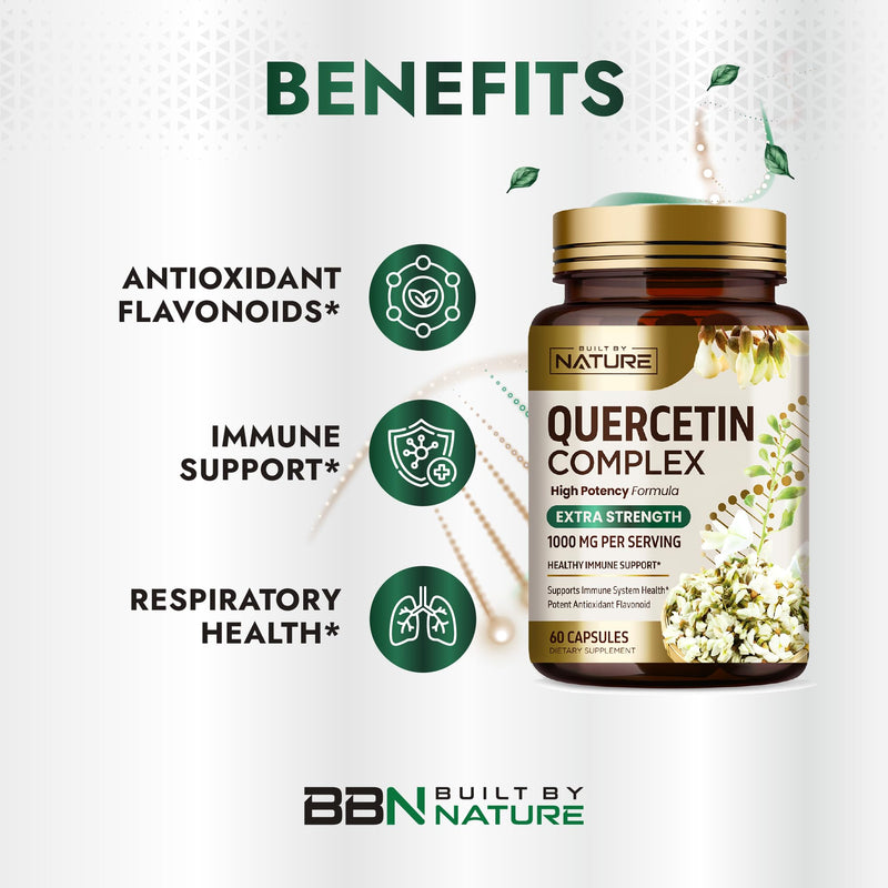 Built by Nature Quercetin 1000mg, 60 Veggie Capsules High Potency Quercetin Dihydrate, Antioxidant Flavonoid, Immune, Respiratory and Allergy Support, Non-GMO, Gluten-Free