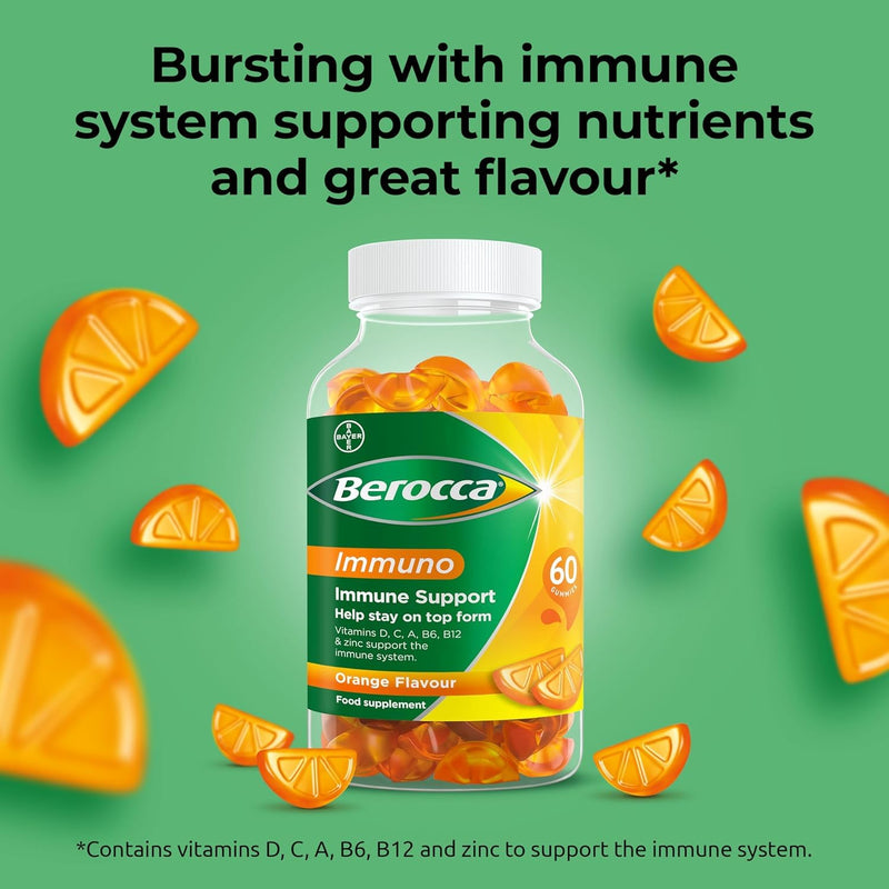 Berocca Immuno Multivitamin Gummies - Immune System Support Including Vitamin D, C, A, B-Complex (B6, B7, B12), E and Zinc - Supplement for Women, Men and Kids - 60 Gummies x 3 Pack- Orange Flavour 1 count (Pack of 180)
