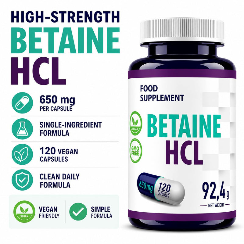 Hepatica Betaine HCL | 650mg (Betaine Hydrochloride) | 120 Vegan Capsules | 4-Month Supply | GMP & 3rd Party Lab Tested