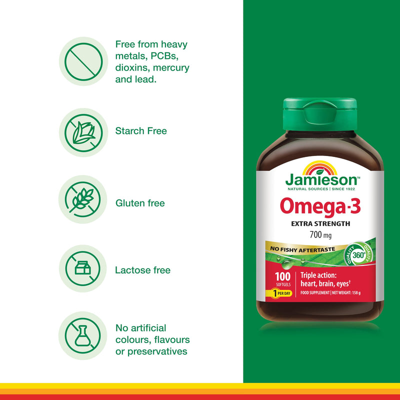 Jamieson Omega-3 Extra Strength 1,165mg Fish Oil with 420 mg EPA + 280 mg DHA, Heart, Brain & Eye Support, 100 Softgels, 3 Months Supply