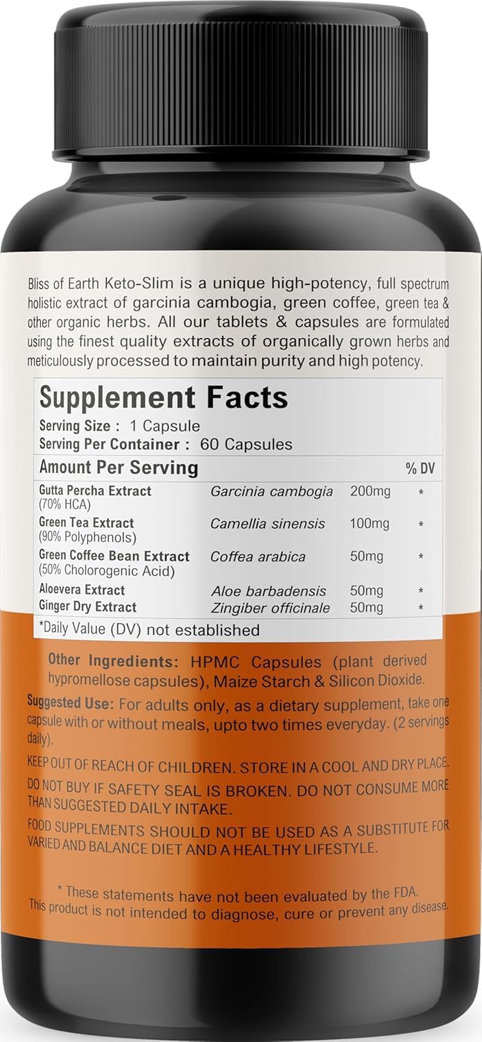 Bliss of Earth Keto Slim Weight Management Pills, Keto Diet Safe, Natural Fat Burner, Appetite Suppressant, Non-GMO, Gluten Free, 60 Veg Capsules