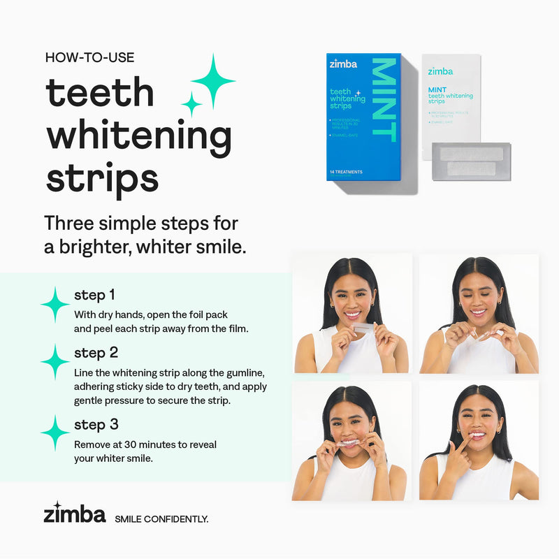 Zimba Teeth Whitening Strips Vegan Whitening Strip Enamel Safe Teeth Whitening Hydrogen Peroxide Teeth Whitener for Coffee, Wine, Tobacco, and Other Stains, 28 Strips (14 Day Treatment), Mint