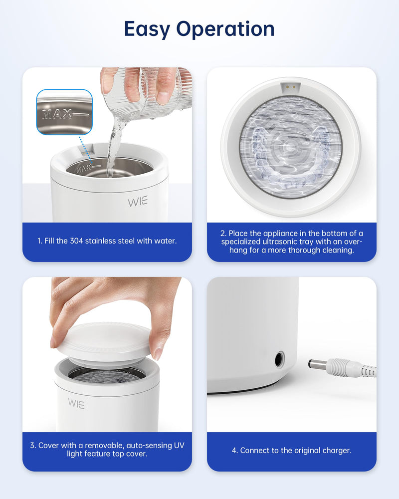 [Australia] - Ultrasonic Retainer Cleaner Machine, 48kHz Retainer Cleaner for Dentures, Night Mouth Guards,Jewelry Cleaner, Aligner, Toothbrush Head, 200ML Portable UV Retainer Cleaning Pod - 2 Modes,White White 