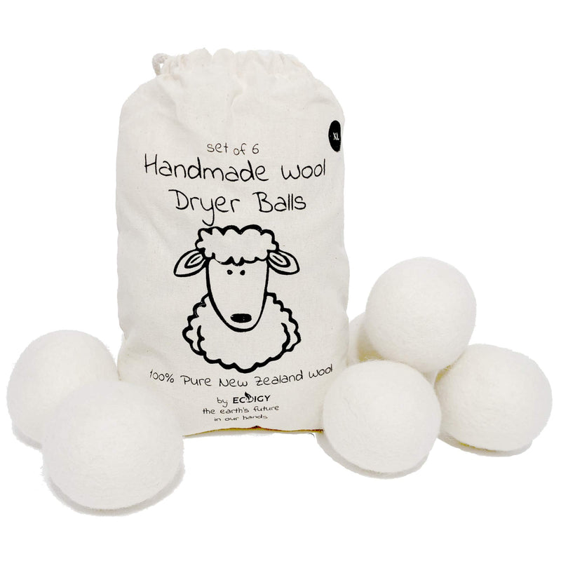 Wool Dryer Balls XL 6-Pack - 100% Pure New Zealand Wool, Ecoigy Natural Fabric Softener, Reduces Wrinkles & Drying Time, Ideal for Essential Oils, Dryer Sheets Alternative,Dryer Balls Laundry Reusable 6 Count (Pack of 1) White XL (Pack of 6)