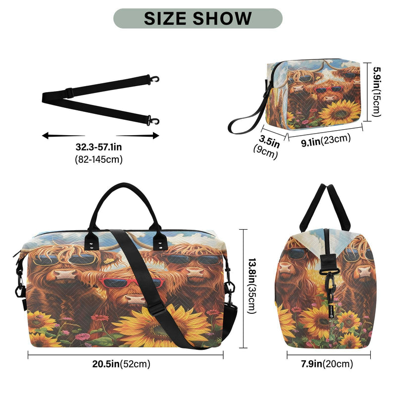 Flower Travel Duffle Gym Bag, Highland Cows Sunflowers Weekender for Women with Toiletry Bag Travel