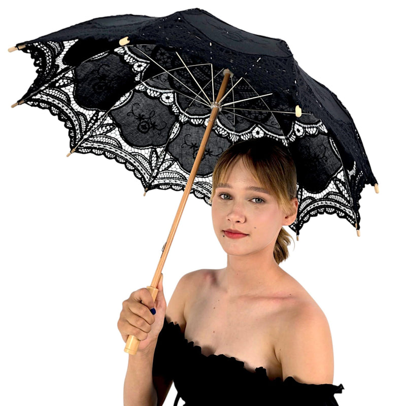 Black Lace Hand Sewn Parasol With Wood Handle