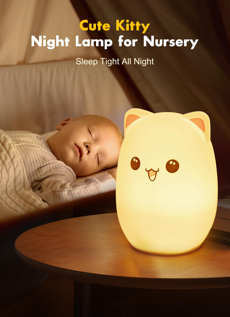 [Australia] - Minetom Night Light for Kids, Cute Silicone Kitty Night Light with 3 Levels of Brightness, 7 Colors Rechargeable Lamp for Bedroom, Girls and Boys, Nursery, Baby Gifts, Tap Control Kawaii Cat 