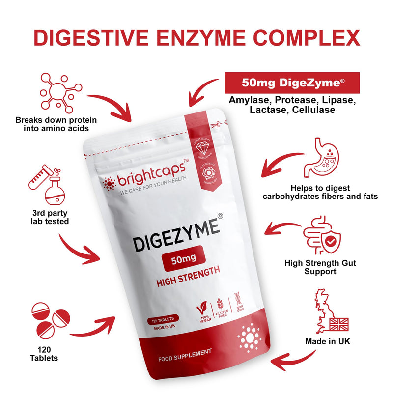 Digestive Enzymes 120 Tablets | Contains Digezyme, Amylase, Lactase, Lipase | Gut Health & Digestion Support | Vegan | UK Made | GMP Approved | by Brightcaps