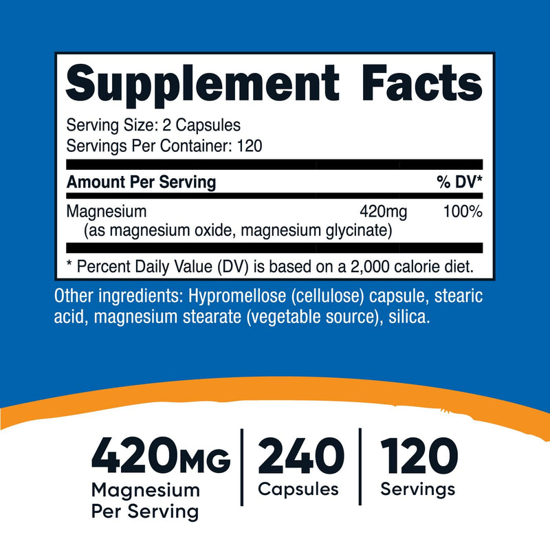 [Australia] - Nutricost Magnesium+ Extra Strength 420mg, 240 Capsules - 120 Servings. Magnesium Oxide and Glycinate - Non-GMO, Gluten Free, Vegan Friendly Vegetarian 240 Count (Pack of 1) 