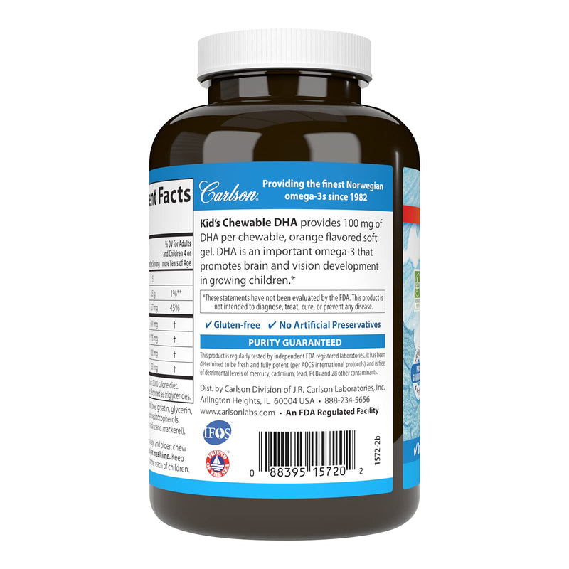 [Australia] - Carlson - Kid's Chewable DHA, 100 mg DHA, Brain Health, Vision Function, Growth & Development, Orange, 180 Chewable Softgels 180 Count (Pack of 1) 