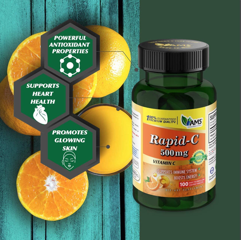 America Medic & Science Rapid-C 500mg Vitamin C Supplement 500 Tablets (5 Pack of 100 Tablets) Daily Immune System Support, Antioxidant | Vegan, Non-GMO Coated Ascorbic Acid for Adult Men & Women 100 Count (Pack of 5)