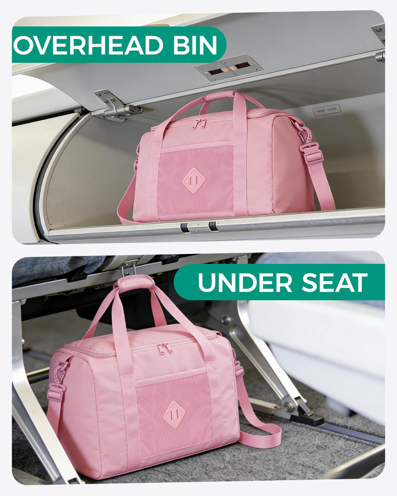 WANDF Personal Item Travel Bag 18x14x8, Carry On Duffle Bag for Women | Frontier Underseat Fit, Weekend Overnight Trips, Wet Pockets, Lightweight Flight Essentials A-Pink