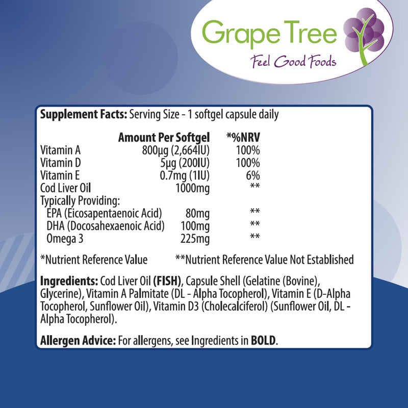 Grape Tree Cod Liver Oil 1000mg High Strength 240 Capsules. Cod Liver Oil Rich in Omega 3 EPA DHA Fatty Acids + Vitamins A, D & E High Strength Fish Oil. Supports, Heart Health, Brain, Vision, Joints