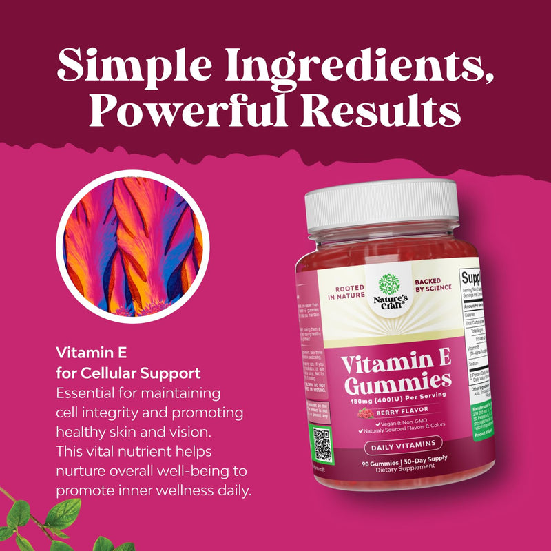 [Australia] - Natures Craft Vitamin E Gummies for Skin Care - High-Potency Vitamin E 400 IU Skin Supplement - Delicious & Easy-to-Take Supplement Promote Health Immune Support & Cellular Protection (1 Month) 90 Count (Pack of 1) 