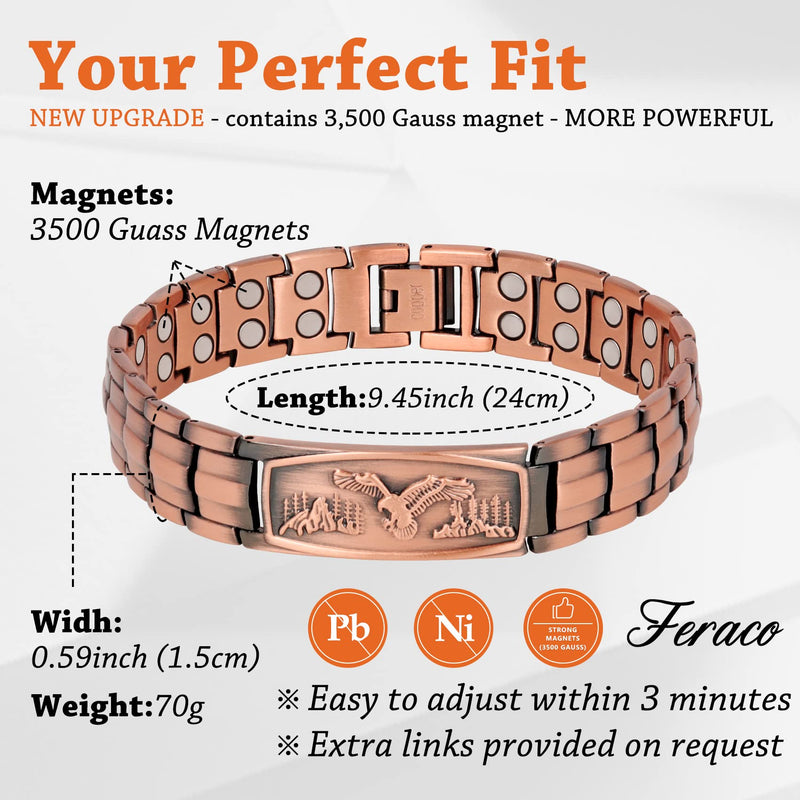 [Australia] - Feraco Copper Bracelet for Men-Magnetic Bracelets 99.99% Pure Copper Jewelry Gift with Adjustable Sizing Tool, Magnetic Field Therapy Jewelry with Eagle Pattern Copper Eagle 
