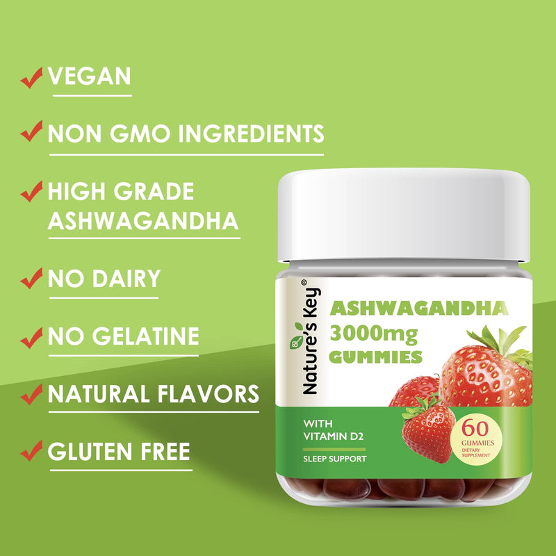 [Australia] - Nature's Key Ashwagandha Gummies, 3000mg High Potency Ashwagandha Root Extract with Vitamin D2, Stress, Calm Mood & Cognition, for Men & Women, Strawberry Flavor (60 Count (Pack of 1) 60 Count (Pack of 1) 