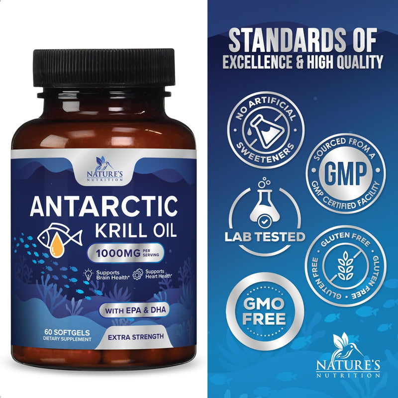 [Australia] - Krill Oil Omega 3 Supplement 1000 mg - Antarctic Krill Oil with Omega-3 EPA, DHA with Astaxanthin Sourced from Red Krill, Brain Health & Immune Support with Phospholipids - 30 Servings, 60 Softgels 60 Count (Pack of 1) 