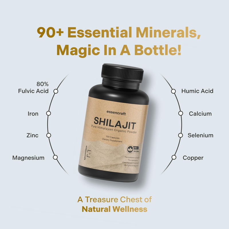 [Australia] - Organic Himalayan Shilajit Resin Extract - 1000mg Max Potency, Lab Tested Pure Shilajit for Men & Women, 85+ Trace Minerals Fulvic Acid, Immune Support, Energy, Cognition, 2 Month Supply, 120 Capsules 