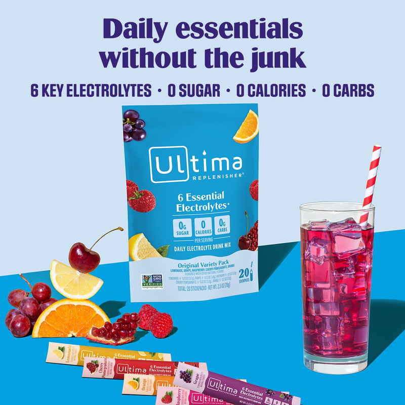 Ultima Replenisher Original Variety Electrolyte Packets, 20 Stickpacks | Daily Zero Sugar Powder Hydration Packets with 6 Key Electrolytes & Minerals - Sugar Free, Plant Based & Keto Friendly