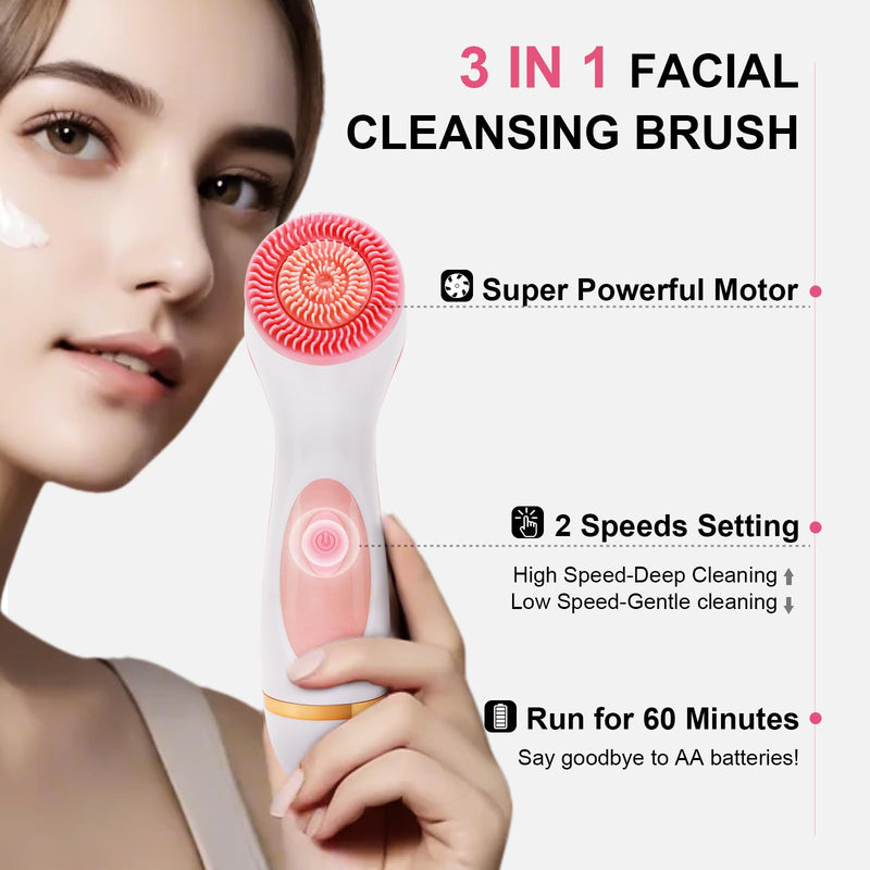[Australia] - Facial Cleansing Brush, Waterproof Dual-Rotation Face Scrubber Exfoliator with 3 Brush Heads and 2 Adjustable Speeds, Rechargeable Exfoliating Face Brushes for Cleansing and Skin Care (Pink) Pink 