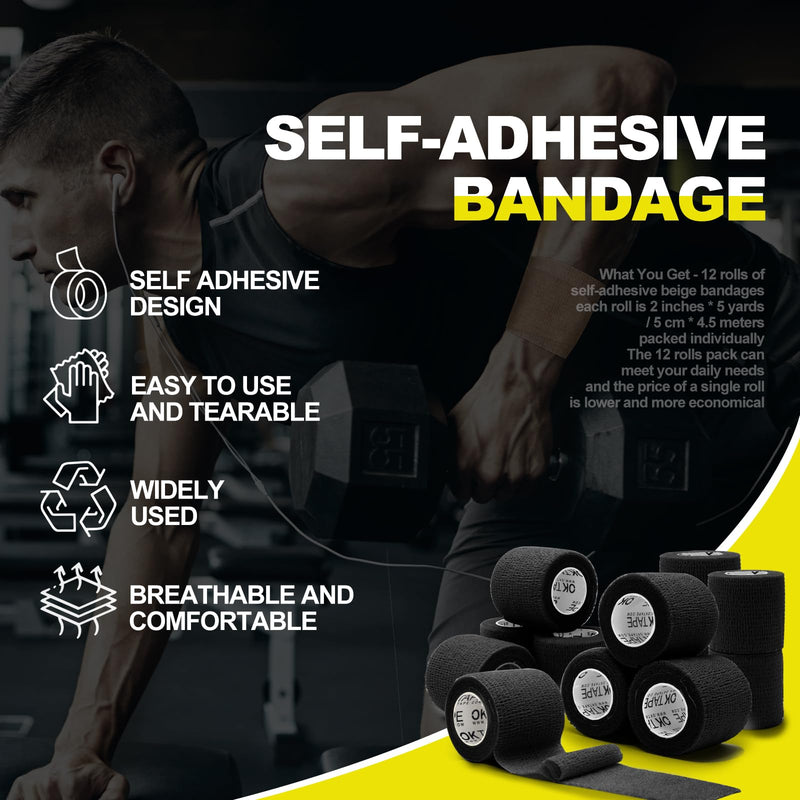 [Australia] - OK TAPE 12 Pack Self Adherent Cohesive Wrap Bandages, 2 Inches x 5 Yards, First Aid Tape, Elastic Self Adhesive Tape, Athletic, Sports wrap Tape, Bandage Wrap for Sports, Wrist - Black 