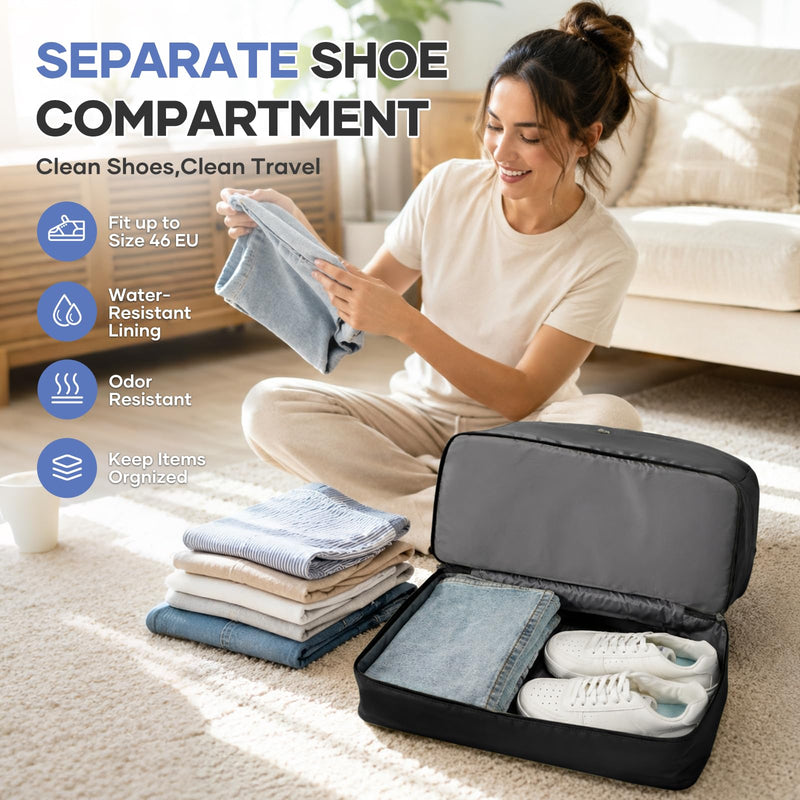 Travel Duffel Bag, Carry-On Overnight Weekender Bags for Women Travel | Personal Item Bag for Airlines,Bottom Shoe Compartment,Trolley Sleeve Black