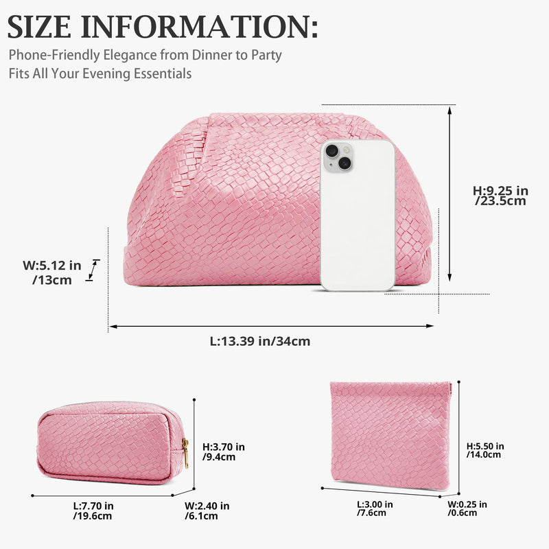 BOYATU Travel Makeup Bags for Women: Woven Large Capacity Make up Bag | 3 Pcs Compact Cosmetic Set Organizer for Purse - Elegant Evening Waterproof Leather Toiletry Clutch Gift Women(Pink) 04-Light Watery Pink