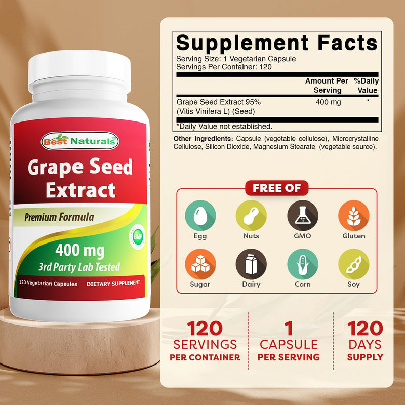 Best Naturals GrapeSeed Extract 400 mg Veggie Capsule, 120 Count (120 Count (Pack of 2))