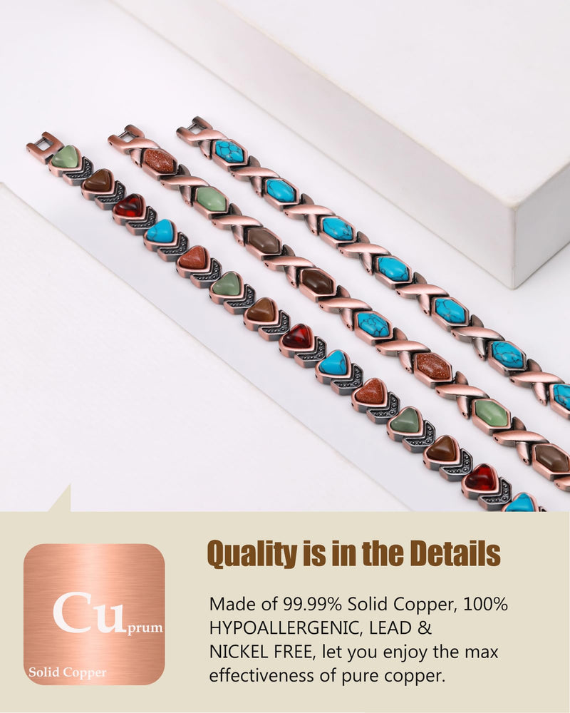 [Australia] - Feraco Pure Copper Bracelets for Women, Ultra Strength Magnetic Bracelet with 3800 Gauss Magnets & Natural Turquoise & Stones, Adjustable, Jewelry Gift Heart Bloom 