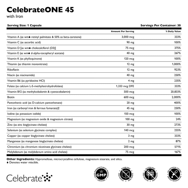 Celebrate Vitamins CelebrateONE 45 with Iron, 30 Once Daily Capsules | 30 Day Supply, Easy-to-Swallow Bariatric Multivitamin Support After Sleeve Gastrectomy or Gastric Bypass 30 Count (Pack of 1)