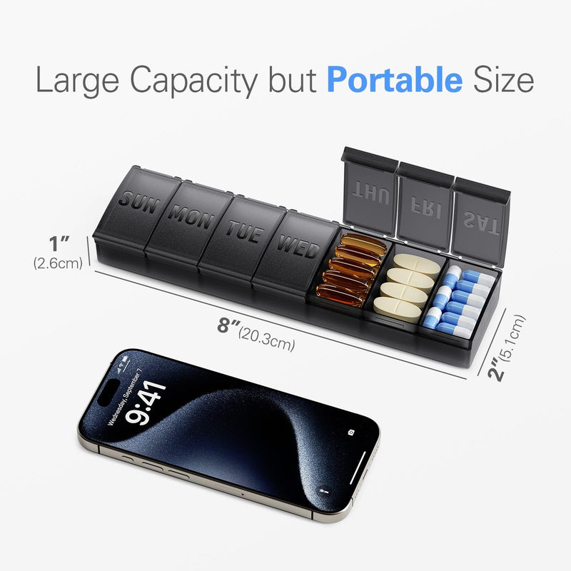Barhon Pill Organizer Large, Weekly Medicine Pill Organizers, 7 Day Pills Box Case Travel for Big Vitamin Supplements Fish Oil, Gray Grey