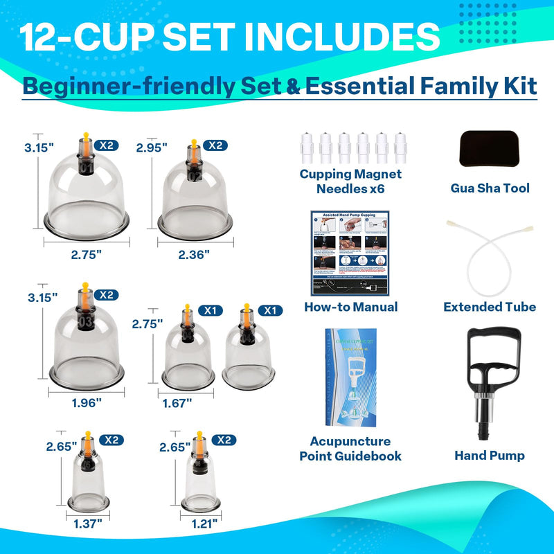 [Australia] - Cupping Kit for Massage Therapy, Silicone Physical Chinese Therapy Cupping Set at Home, Professional Muscle Cupping Tool with Pump & Vacuum Cups for Cellulite Reduction 12 Cups+6 Magnets+1 Extension Tube+1 Hand Pump 