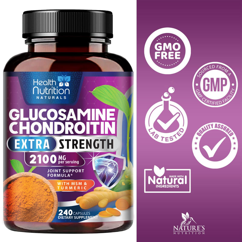 [Australia] - Glucosamine Chondroitin Supplements MSM Complex - Joint Support with Turmeric, Boswellia, Quercetin for Joints, Back, Hands, Bones, Knees & Mobility, Triple Strength Glucosamine Sulfate - 240 Capsules 240 Count (Pack of 1) 