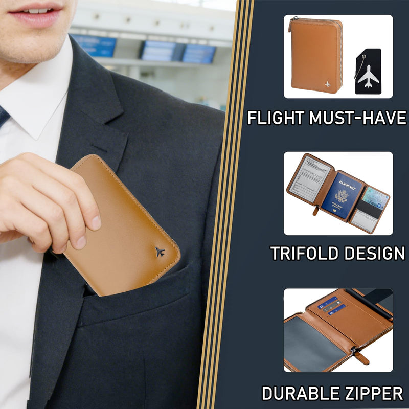 Pilot Wallet Passport Holder RFID Blocking Nappa Leather Travel Wallet, Stylish Travel Companion for Aviation Professionals (Brown Silver) Brown Silver